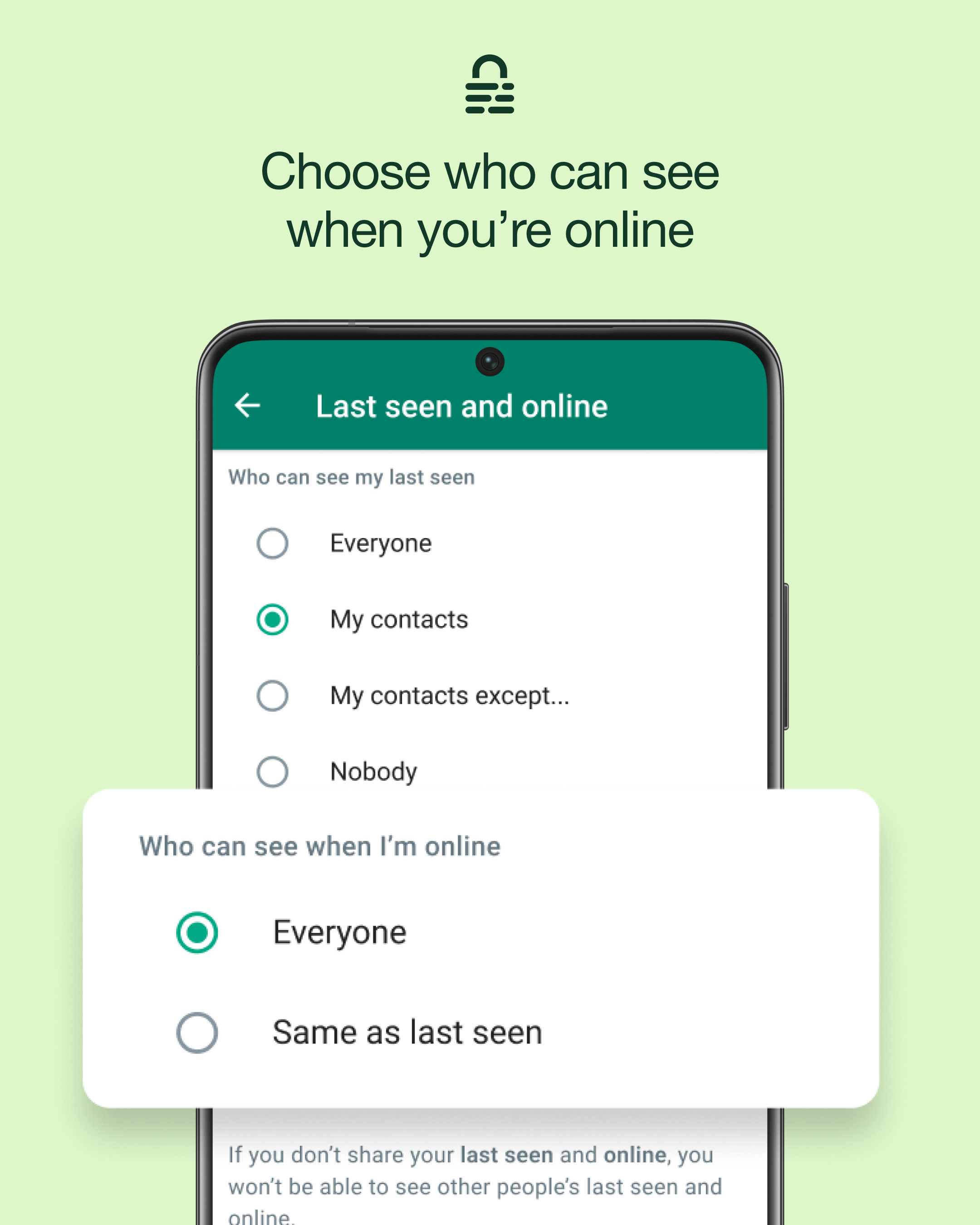 The WhatsApp interface showing a prompt asking who can see when you're online.
